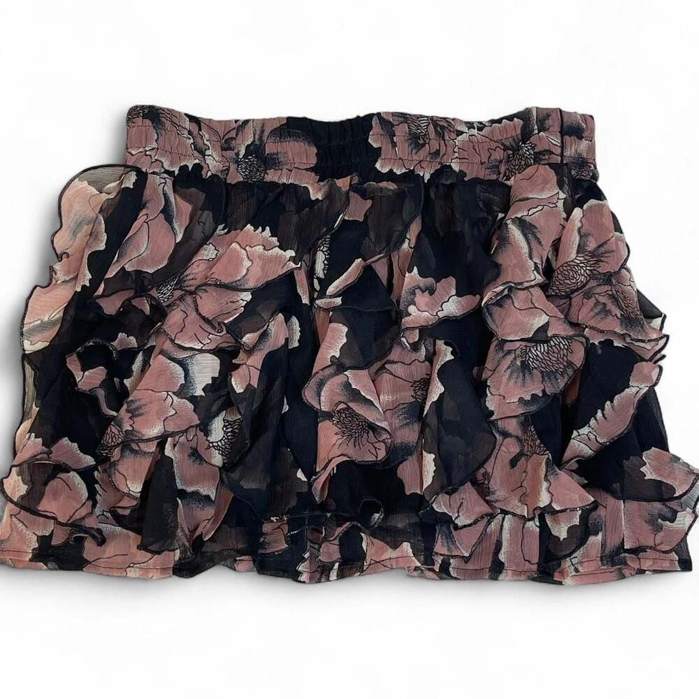 Wet Seal Black and Pink Floral Ruffled Mini Skirt with Shorts Size L
